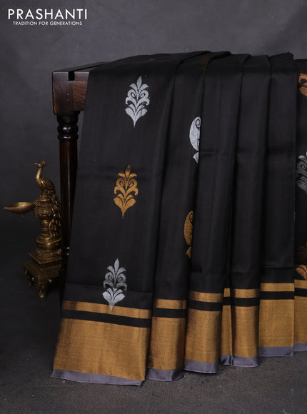 Pure uppada silk saree black and grey with silver & gold zari woven buttas and zari woven border