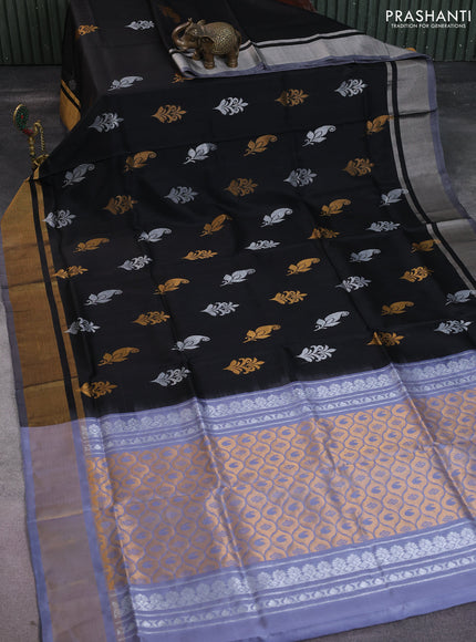Pure uppada silk saree black and grey with silver & gold zari woven buttas and zari woven border
