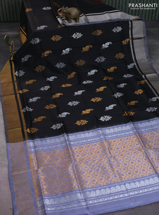 Pure uppada silk saree black and grey with silver & gold zari woven buttas and zari woven border