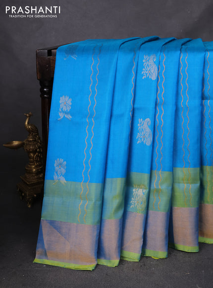 Pure uppada silk saree cs blue and light green with allover silver & gold zari weaves and zari woven border
