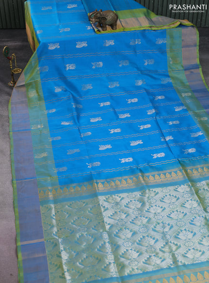 Pure uppada silk saree cs blue and light green with allover silver & gold zari weaves and zari woven border
