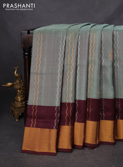 Pure uppada silk saree greyish green and deep maroon with allover silver & gold zari weaves and zari woven border