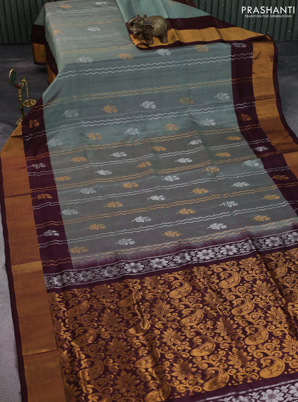 Pure uppada silk saree greyish green and deep maroon with allover silver & gold zari weaves and zari woven border