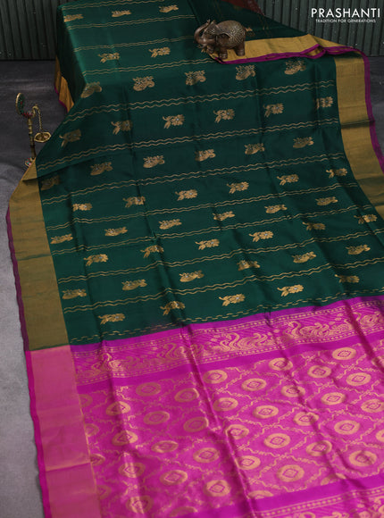 Pure uppada silk saree green and magenta pink with allover zari weaves & buttas and zari woven border
