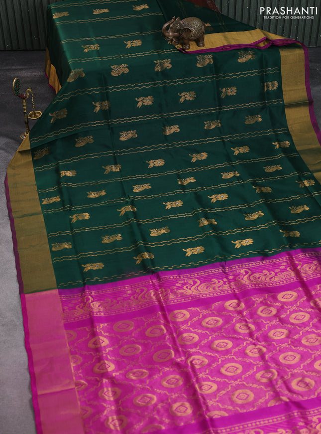 Pure uppada silk saree green and magenta pink with allover zari weaves & buttas and zari woven border