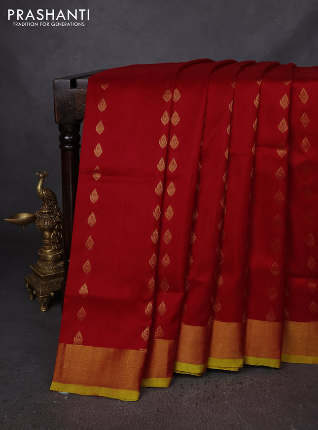 Pure uppada silk saree red and dual shade of green with allover zari woven buttas and zari woven border