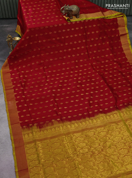 Pure uppada silk saree red and dual shade of green with allover zari woven buttas and zari woven border