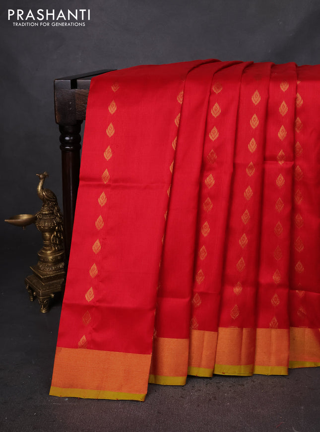 Pure uppada silk saree red and dual shade of green with allover zari woven buttas and zari woven border