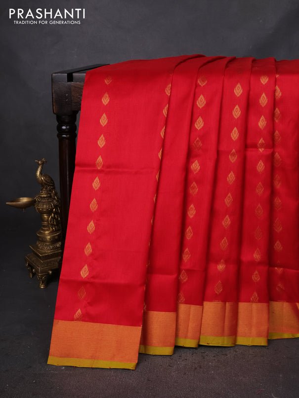 Pure uppada silk saree red and dual shade of green with allover zari woven buttas and zari woven border