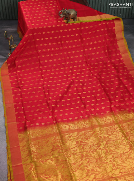 Pure uppada silk saree red and dual shade of green with allover zari woven buttas and zari woven border
