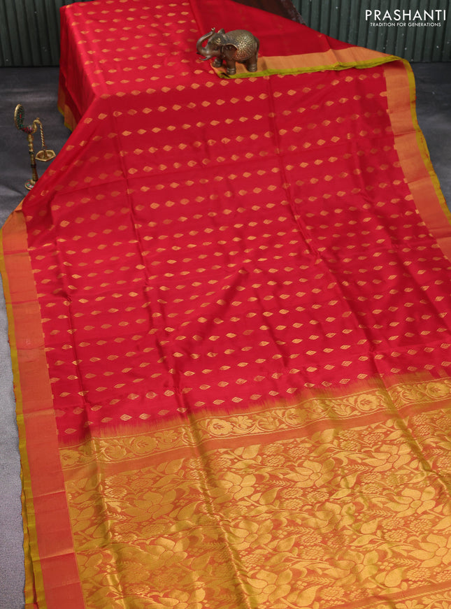 Pure uppada silk saree red and dual shade of green with allover zari woven buttas and zari woven border