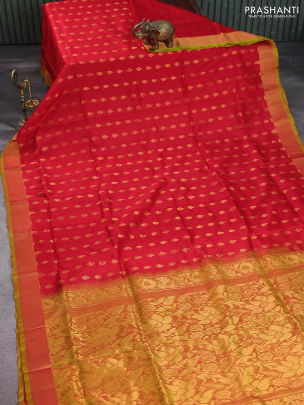 Pure uppada silk saree red and dual shade of green with allover zari woven buttas and zari woven border
