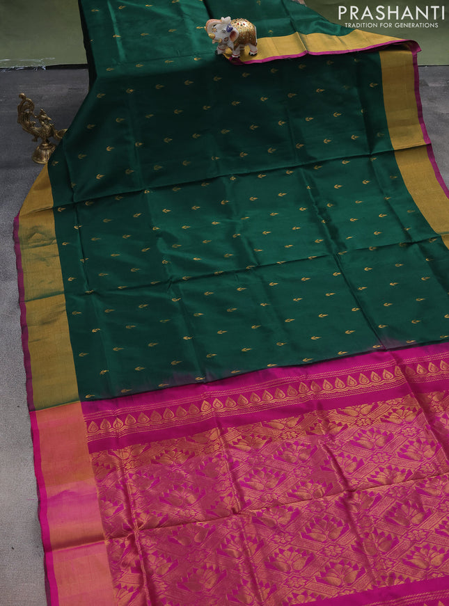 Pure uppada silk saree green and pink with allover zari woven buttas and zari woven border