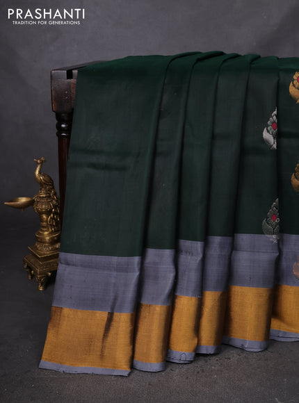 Pure uppada silk saree dark green and grey with silver & gold zari woven buttas and zari woven border