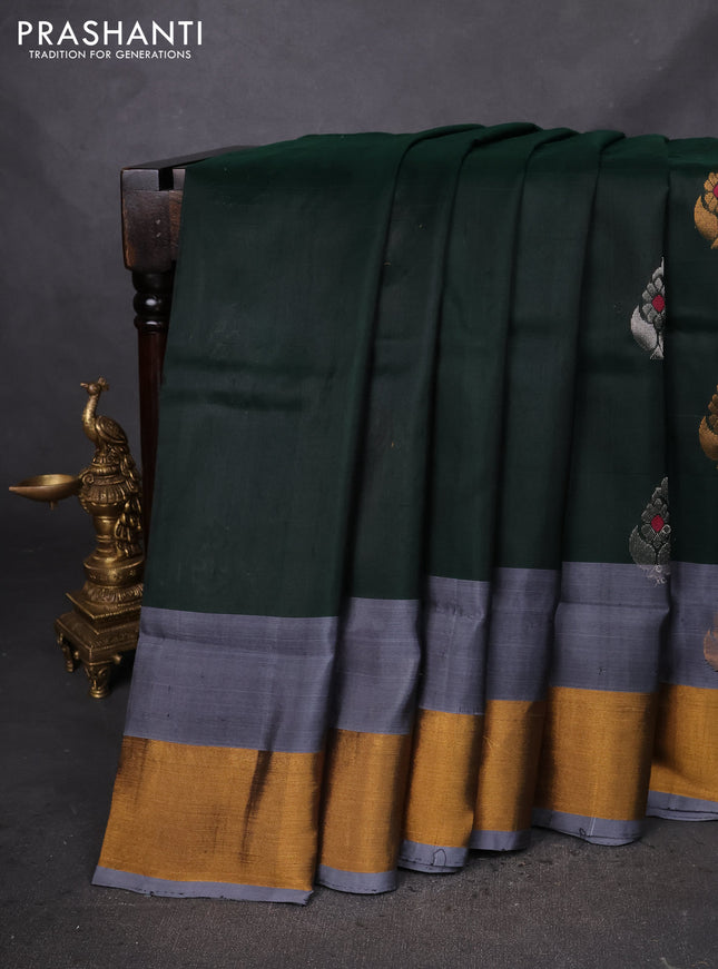 Pure uppada silk saree dark green and grey with silver & gold zari woven buttas and zari woven border