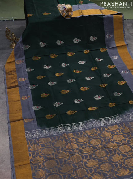 Pure uppada silk saree dark green and grey with silver & gold zari woven buttas and zari woven border