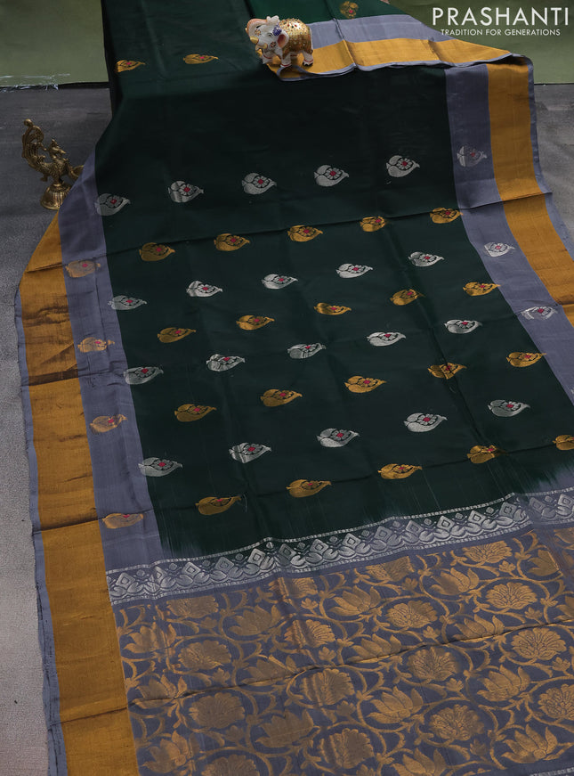 Pure uppada silk saree dark green and grey with silver & gold zari woven buttas and zari woven border