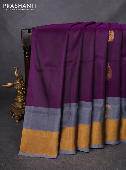 Pure uppada silk saree deep purple and grey with silver & gold zari woven buttas and zari woven border