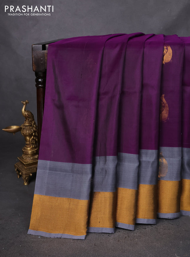 Pure uppada silk saree deep purple and grey with silver & gold zari woven buttas and zari woven border