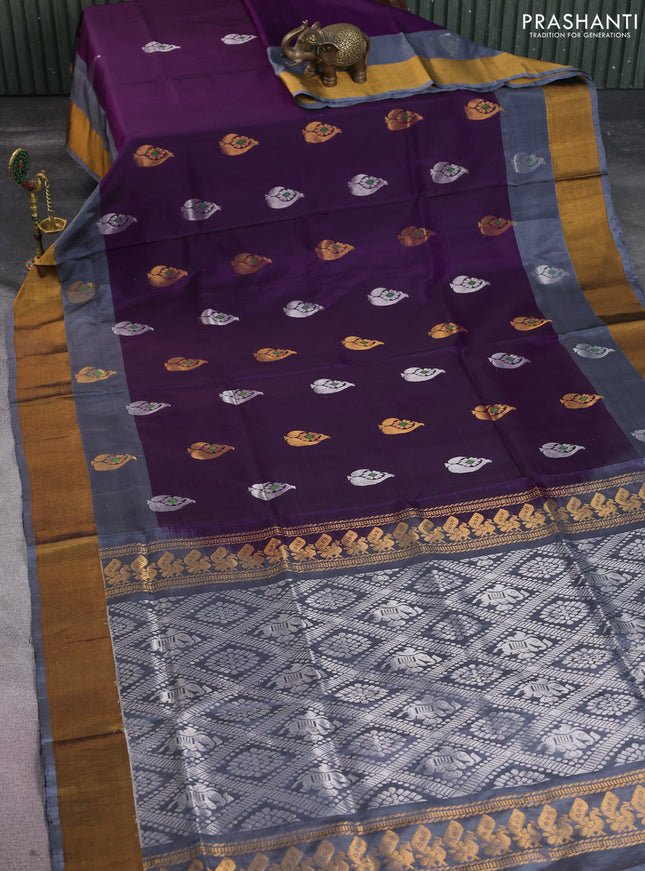 Pure uppada silk saree deep purple and grey with silver & gold zari woven buttas and zari woven border