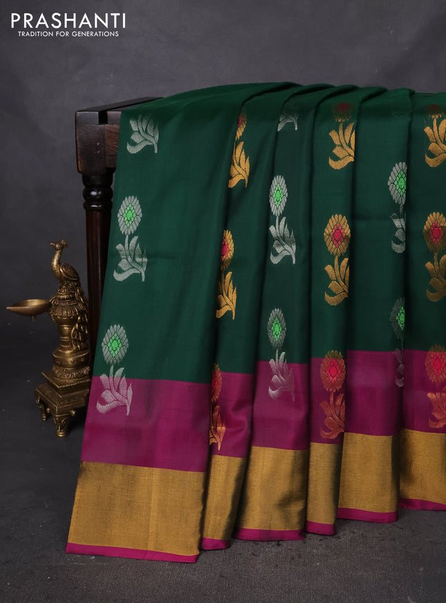 Pure uppada silk saree green and pink with zari woven floral buttas and zari woven border