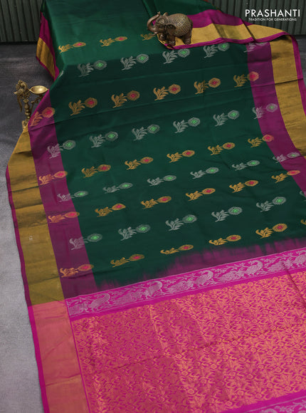 Pure uppada silk saree green and pink with zari woven floral buttas and zari woven border