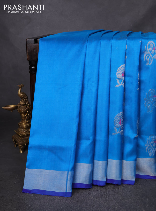 Pure uppada silk saree cs blue and blue with silver zari woven buttas and silver zari woven border