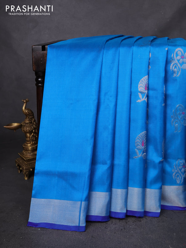 Pure uppada silk saree cs blue and blue with silver zari woven buttas and silver zari woven border