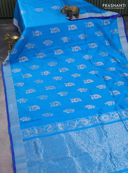 Pure uppada silk saree cs blue and blue with silver zari woven buttas and silver zari woven border