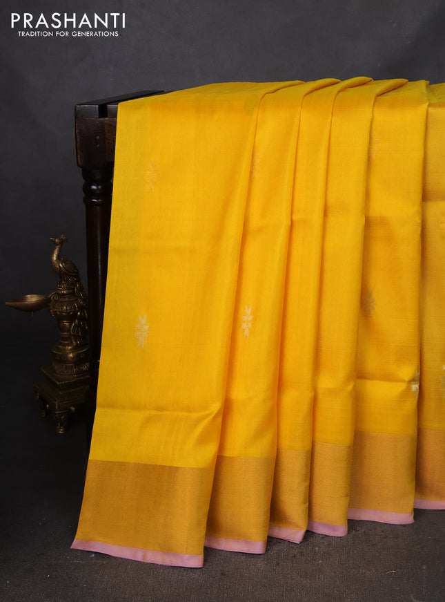 Pure uppada silk saree yellow and lavender with silver & gold zari woven buttas and jamdhani design pallu