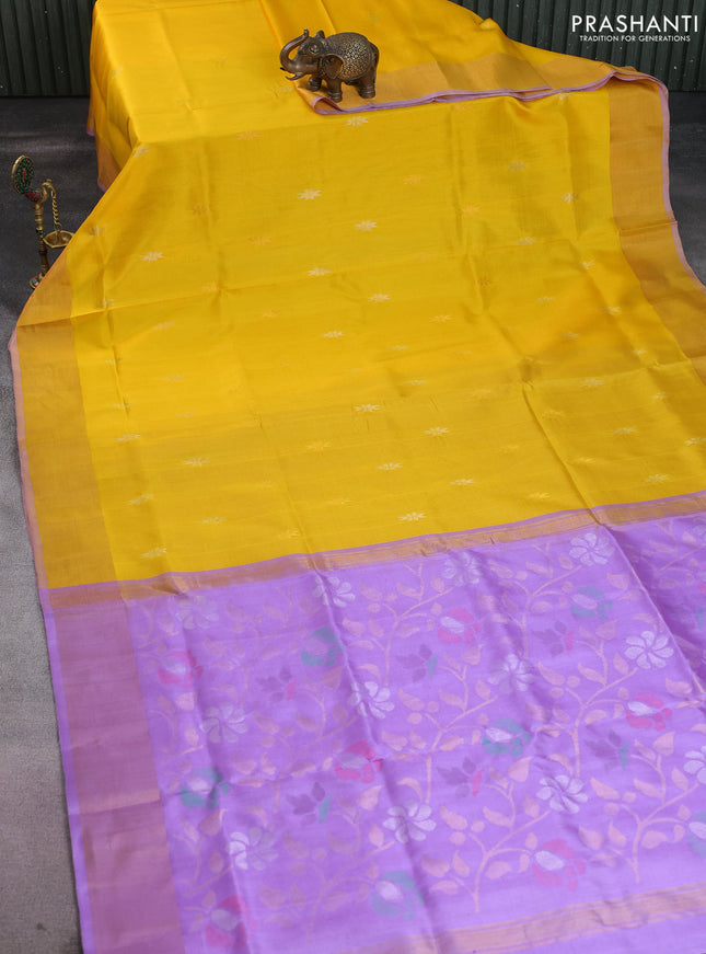 Pure uppada silk saree yellow and lavender with silver & gold zari woven buttas and jamdhani design pallu