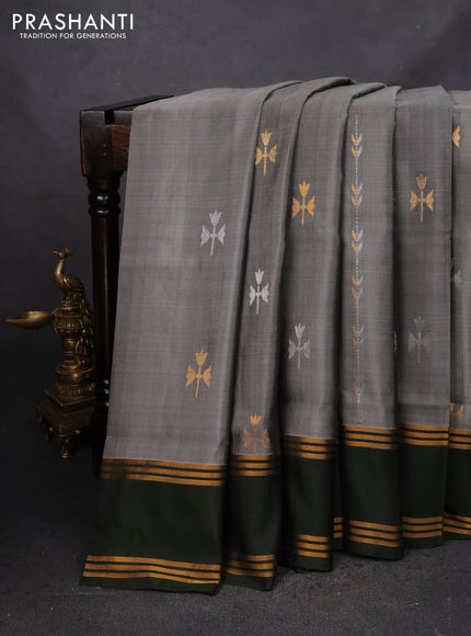 Pure uppada silk saree grey and sap green with allover silver & gold zari weaves and rettapet zari woven border