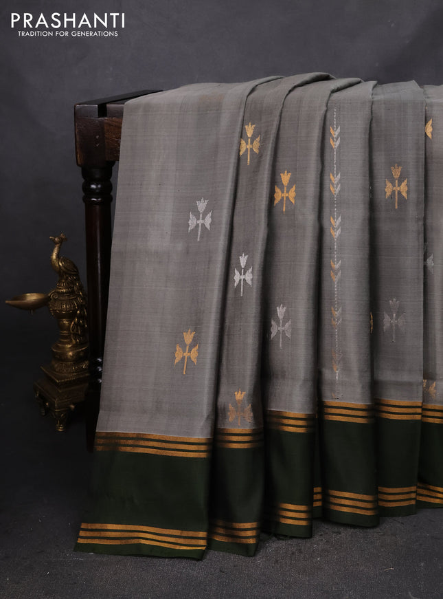 Pure uppada silk saree grey and sap green with allover silver & gold zari weaves and rettapet zari woven border