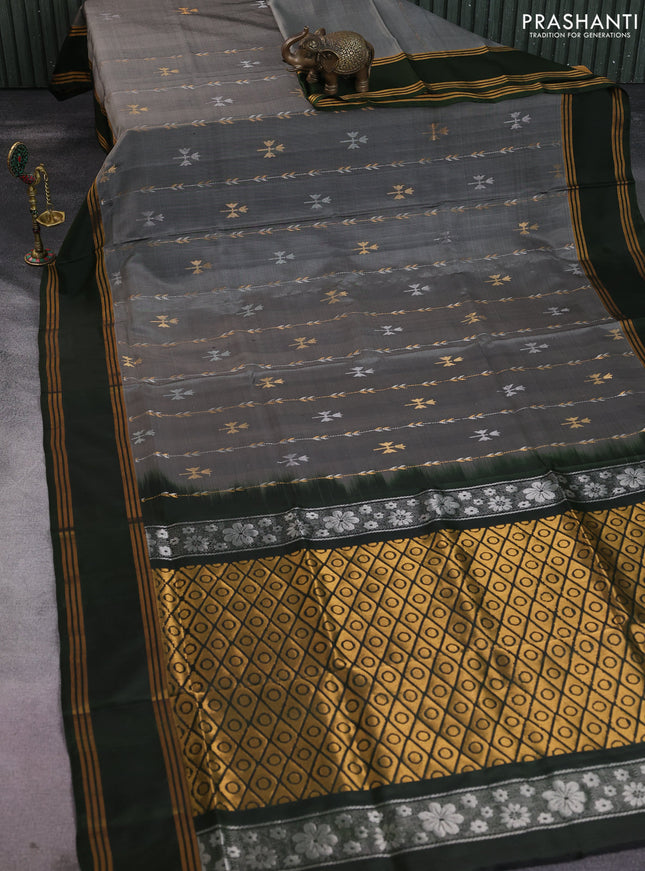 Pure uppada silk saree grey and sap green with allover silver & gold zari weaves and rettapet zari woven border