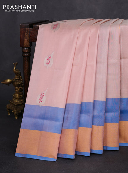 Pure uppada silk saree pastel peach and cs blue with silver & gold zari woven buttas and zari woven border
