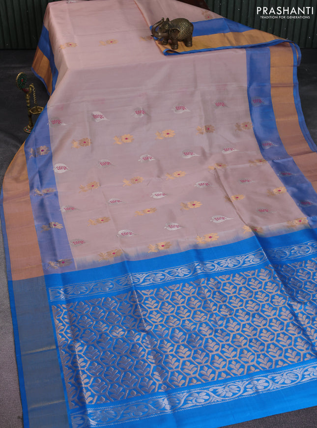 Pure uppada silk saree pastel peach and cs blue with silver & gold zari woven buttas and zari woven border