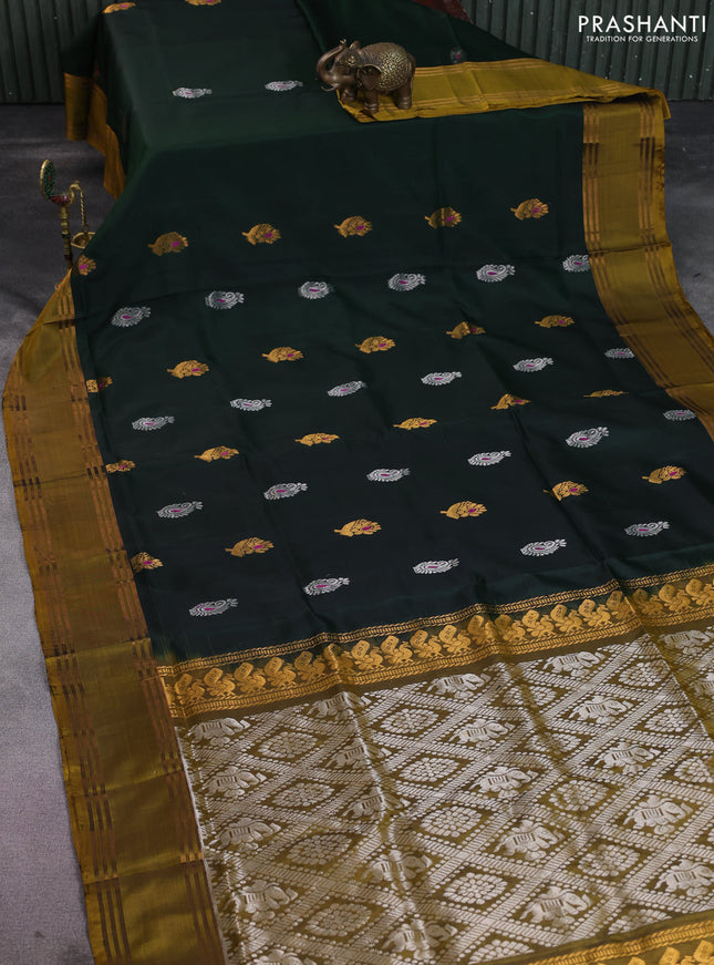 Pure uppada silk saree bottle green and dark mustard with silver & gold zari woven buttas and rettapet zari woven border