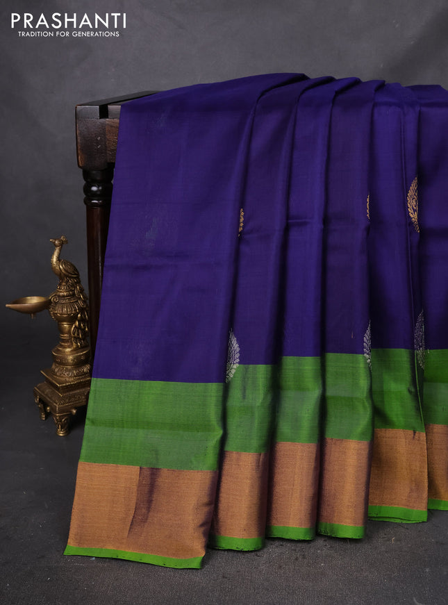 Pure uppada silk saree dark blue and green with silver & gold zari woven buttas and zari woven border