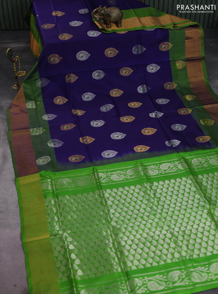 Pure uppada silk saree dark blue and green with silver & gold zari woven buttas and zari woven border