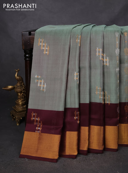 Pure uppada silk saree greyish green and deep maroon with silver & gold zari woven buttas and zari woven border