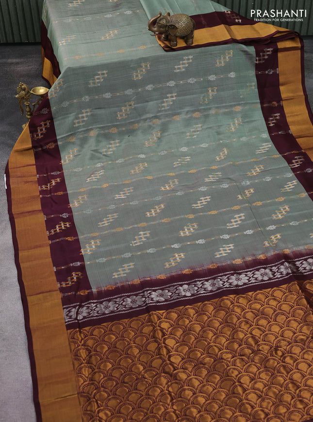 Pure uppada silk saree greyish green and deep maroon with silver & gold zari woven buttas and zari woven border