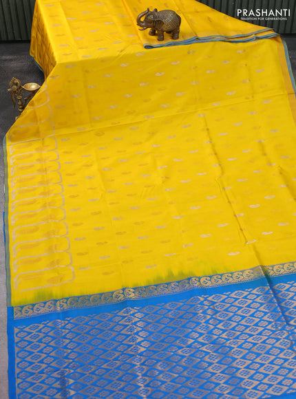 Pure uppada silk saree yellow and cs blue with silver & gold zari woven buttas and rich zari border