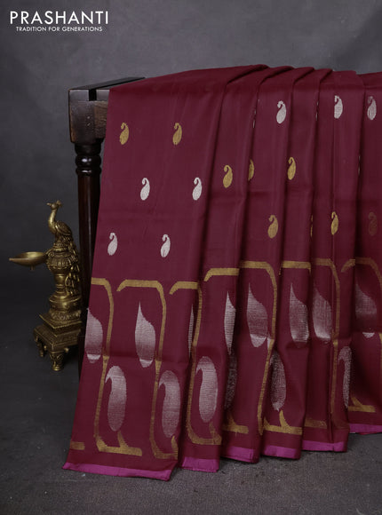 Pure uppada silk saree maroon and pink shade with silver & gold zari woven buttas and rich zari border