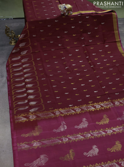 Pure uppada silk saree maroon and pink shade with silver & gold zari woven buttas and rich zari border