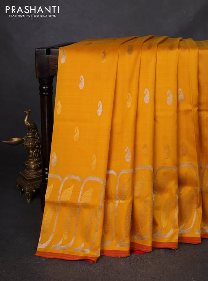 Pure uppada silk saree mustard yellow and red with silver & gold zari woven buttas and rich zari border