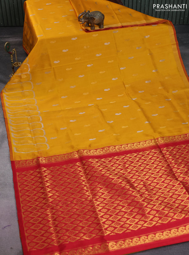 Pure uppada silk saree mustard yellow and red with silver & gold zari woven buttas and rich zari border