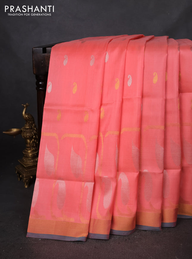 Pure uppada silk saree peach pink and cs blue with silver & gold zari woven buttas and rich zari border