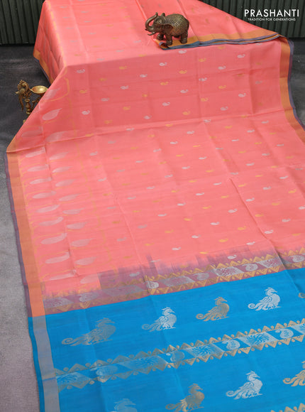 Pure uppada silk saree peach pink and cs blue with silver & gold zari woven buttas and rich zari border