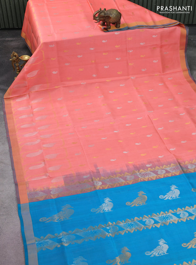 Pure uppada silk saree peach pink and cs blue with silver & gold zari woven buttas and rich zari border