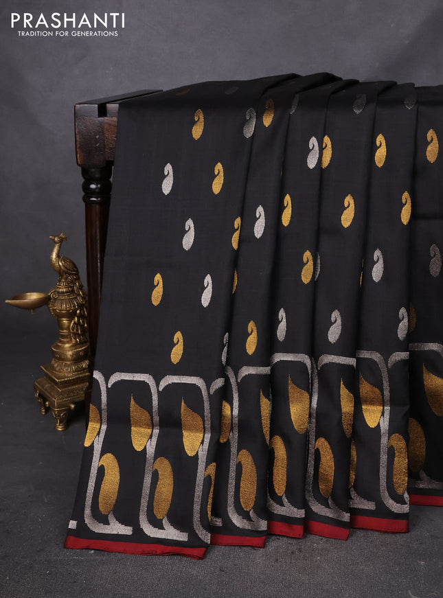 Pure uppada silk saree black and maroon with silver & gold zari woven buttas and rich zari border